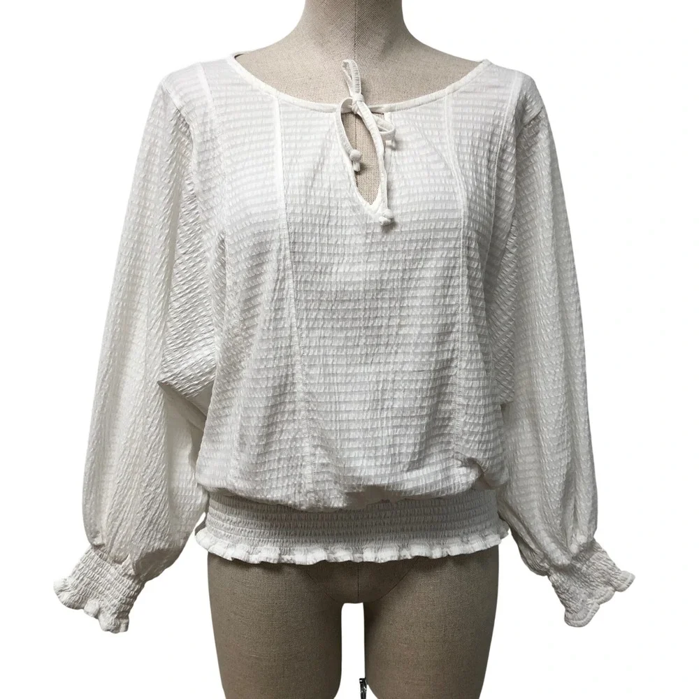Anthropologie Blouse Women Small White Textured Smocked Hem Keyhole Tie Boho Top